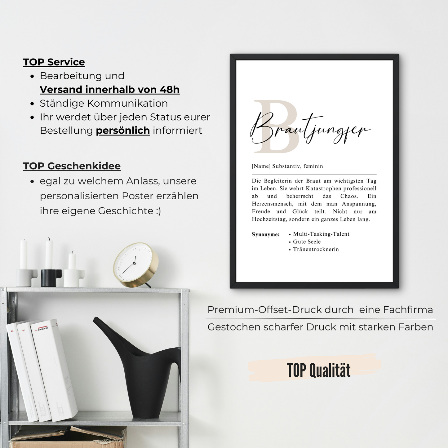 Premium-Poster für Trauzeugin in elegantem Design. Schwarzer Rahmen bietet modernes Aussehen. Perfekte Wahl für Hochzeitsgeschenke und Dekorationen mit persönlicher Note.