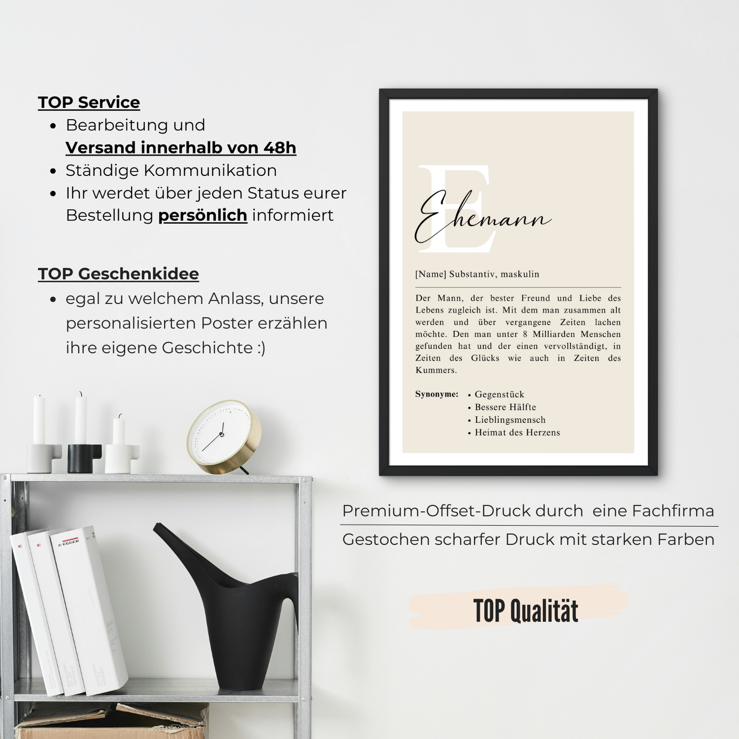 Typografie-Poster mit Definition für Ehemann. Schwarzer Rahmen bietet elegantes Design. Ideal für Geschenke und modernem Interieur. Schneller Versand und Top Qualität.