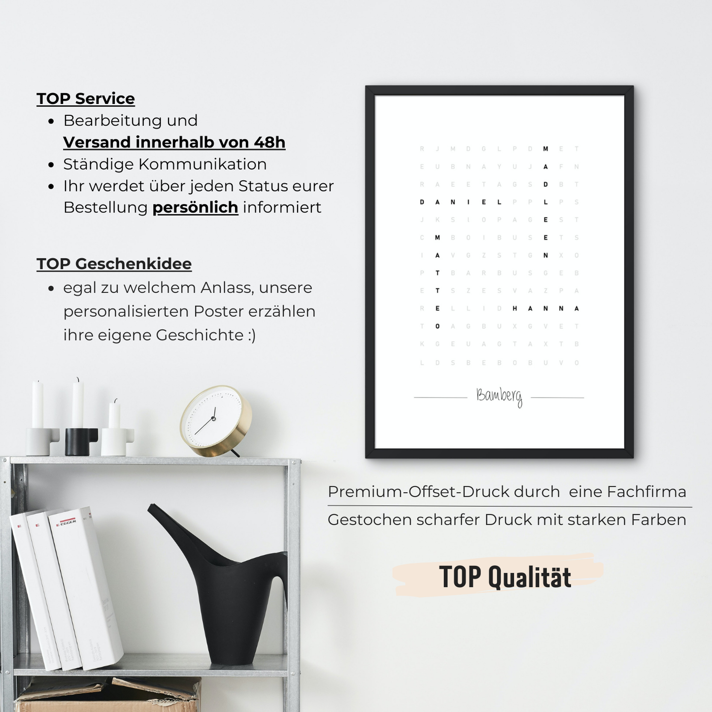 Premium-Wortsuche-Poster als ideale Geschenkidee. Hervorragende Druckqualität und schneller Versand innerhalb von 48 Stunden. Ständige Kommunikation und persönliche Information über den Bestellstatus. Perfekte Dekoration für jedes Zuhause.