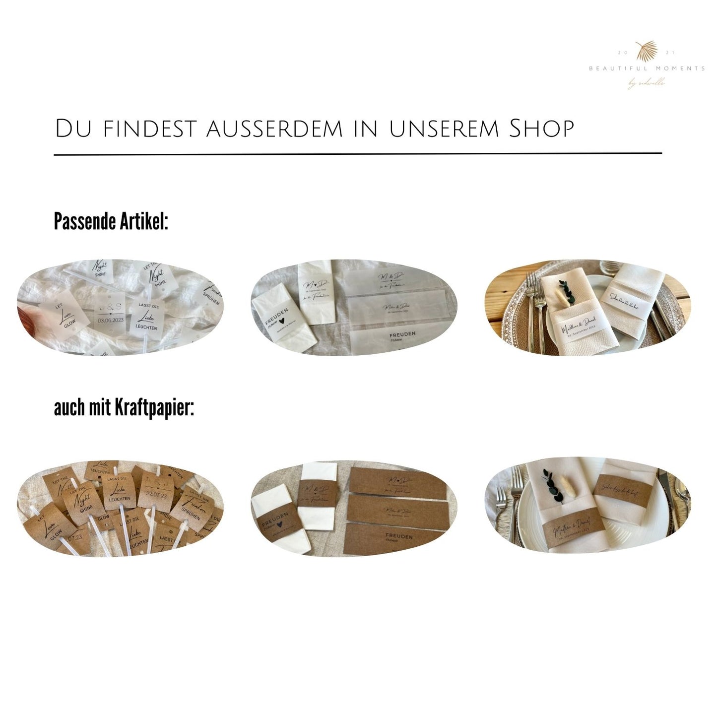 Artikel, die du in unserem Shop finden kannst, wie z.B. Banderolen, Schilder mit Knicklichter, Namenskarten, uvm.