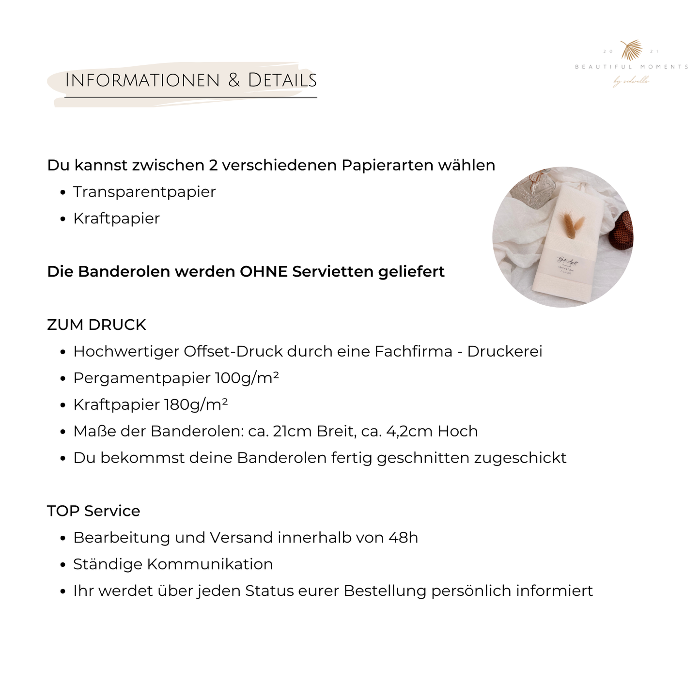Detaillierte Produktinformationen über personalisierte Bandrollen für Hochzeit Servietten. Wahl zwischen verschiedenen Papierarten und hochwertigem Druck für persönliche Feiergaben.