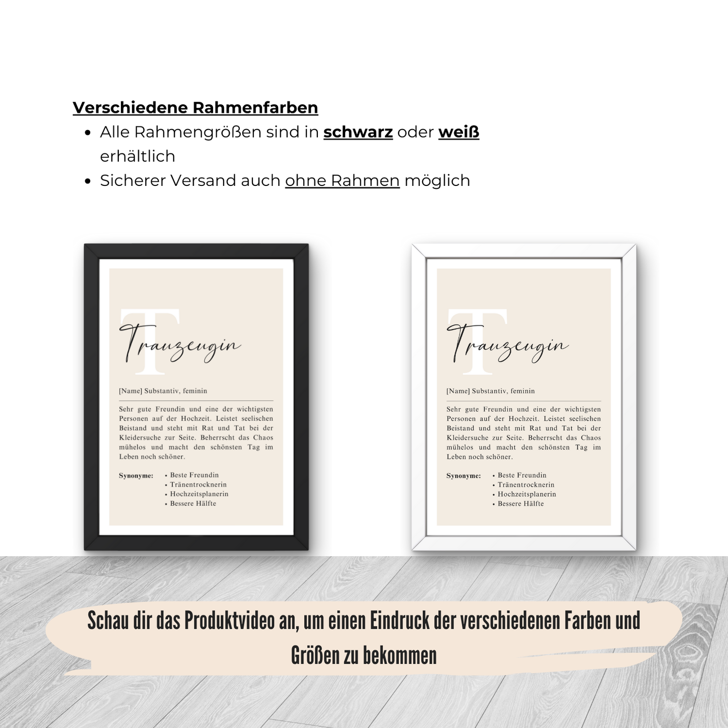 Optionen für Trauzeugin-Definition mit schwarzen und weißen Rahmen. Verfügbar in mehreren Größen für individuellen Stil. Sicherer Versand ohne Rahmen möglich. Ideal zur Anpassung an verschiedene Hochzeitsdekore.