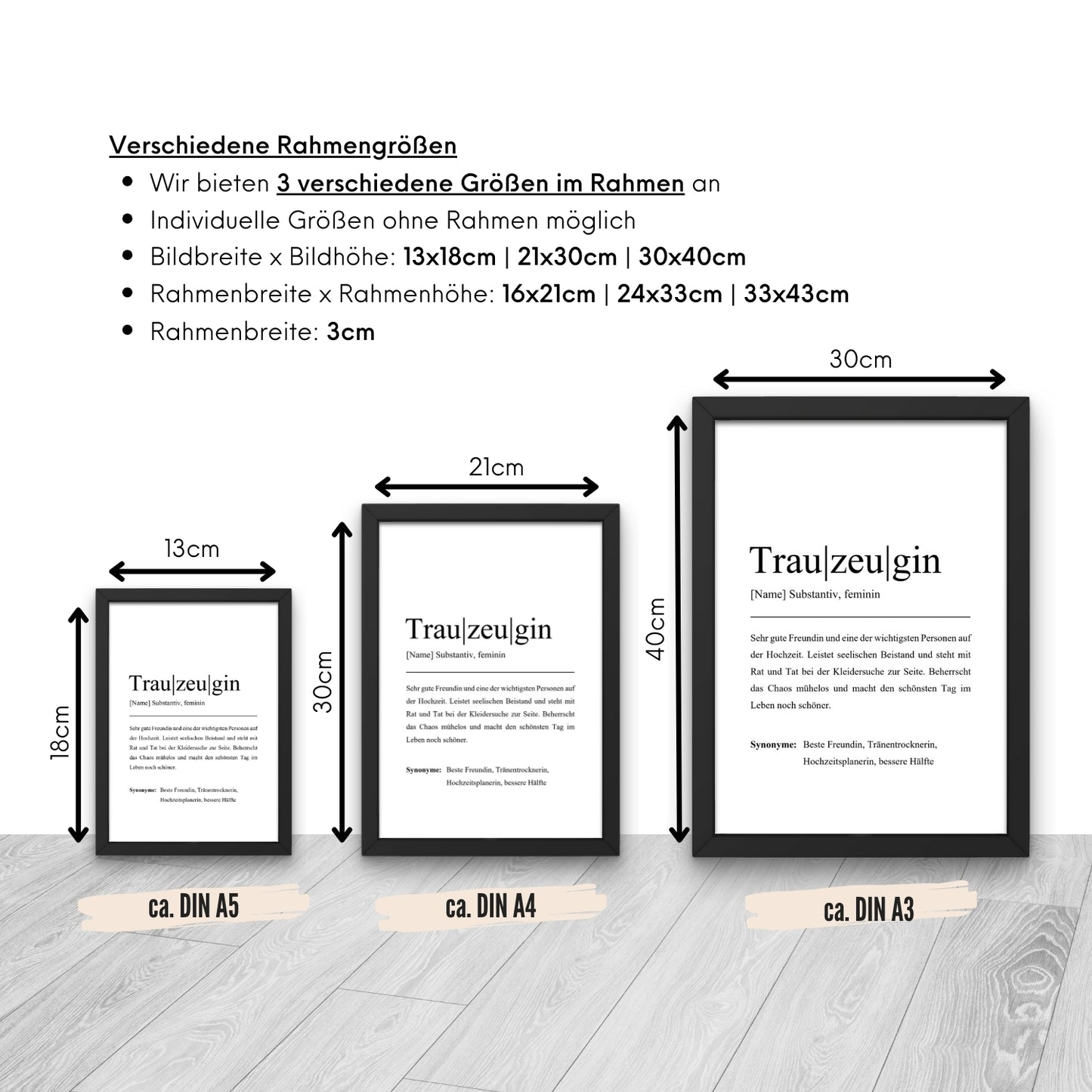 Drei Trauzeuginnen-Poster in verschiedenen Größen: DIN A5, A4 und A3. Verfügbar mit schwarzem Rahmen, perfekt als individuelles Hochzeitsgeschenk oder Dekoration.