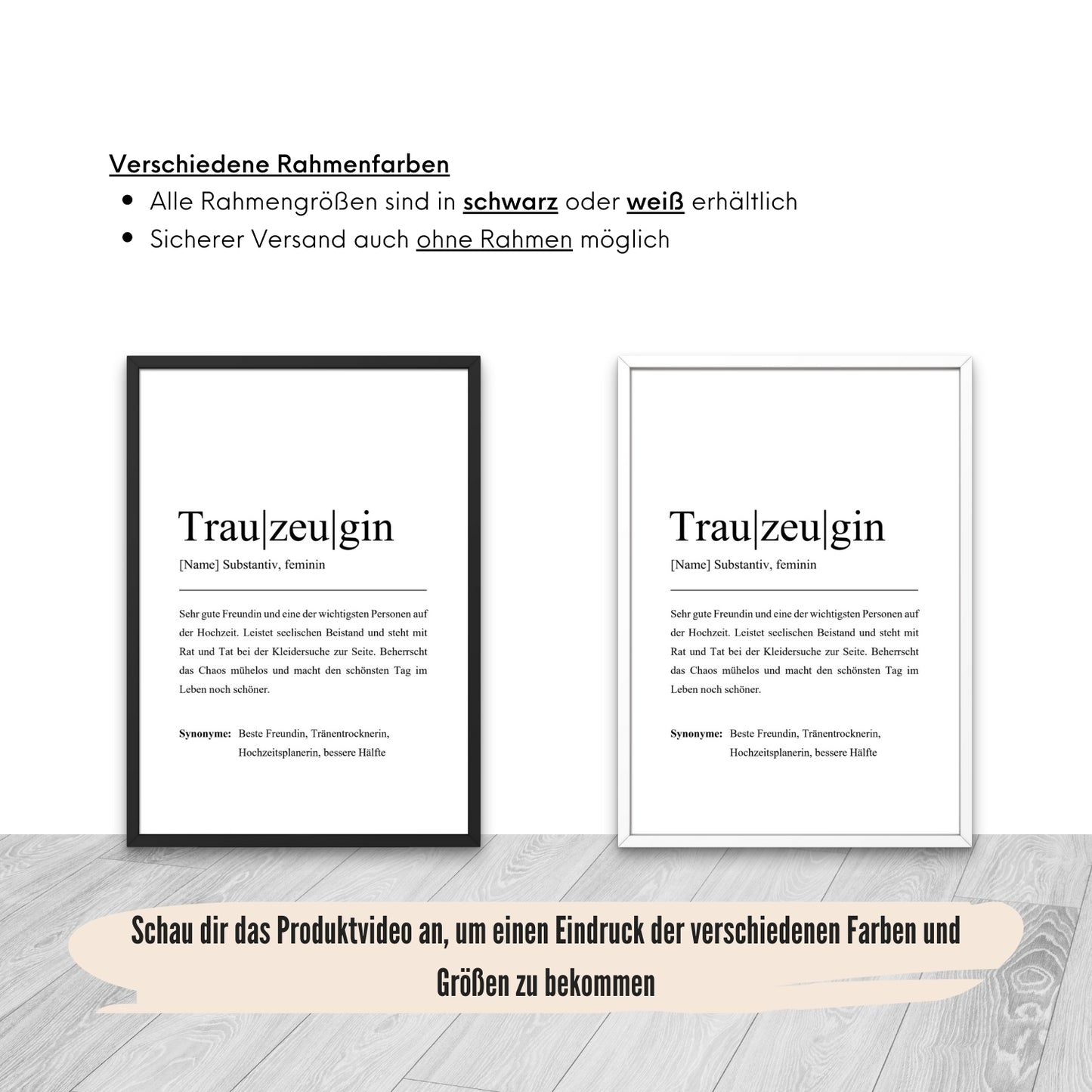Zwei Varianten von personalisierten Trauzeuginnen-Postern, erhältlich in schwarzem und weißem Rahmen. Ideal für individualisierte Hochzeitsgeschenke. Sicherer Versand auch ohne Rahmen.