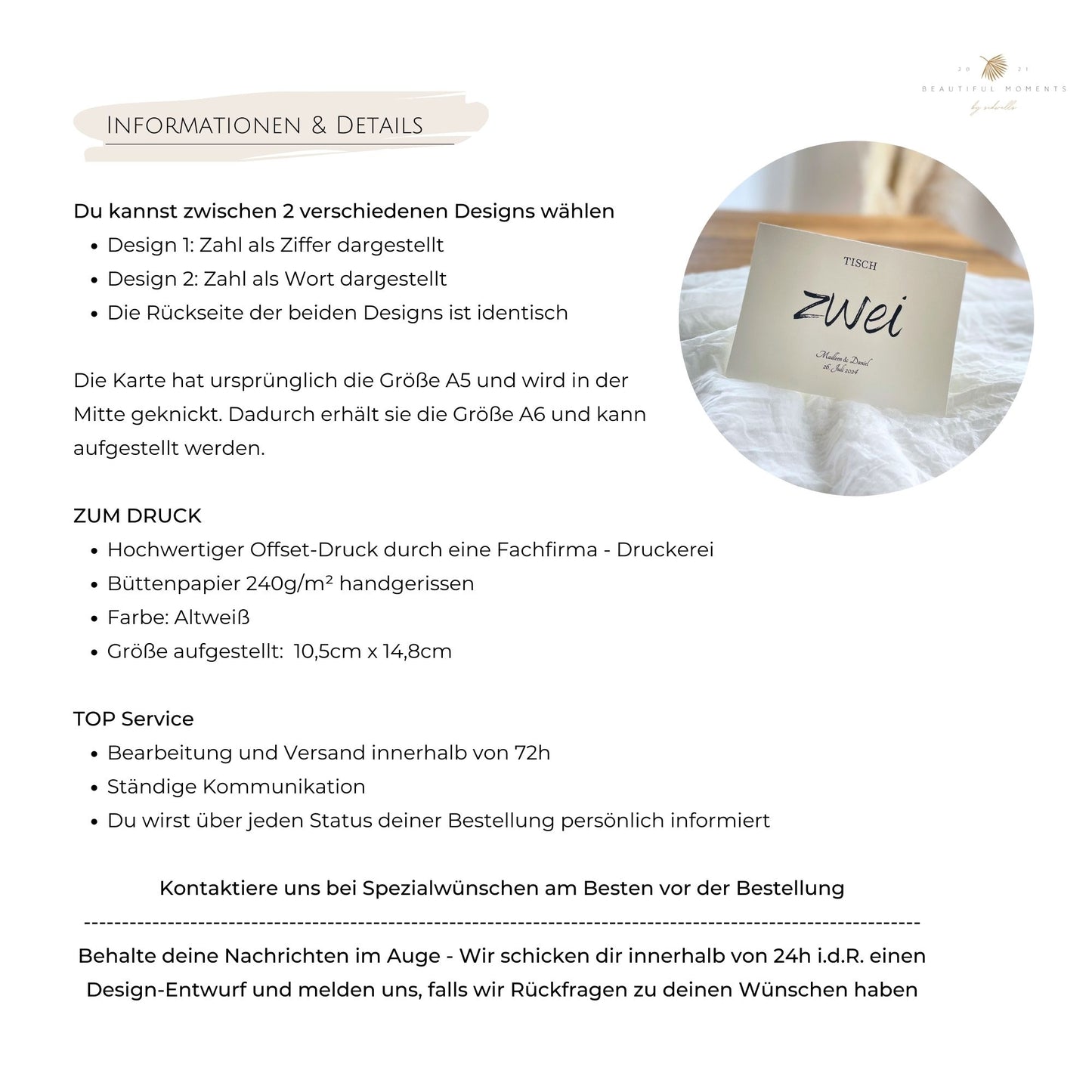 Informationen zu den verschiedenen Designs, zum Druck auf Pergamentpapier oder auch Kraftpapier, Maße und Service