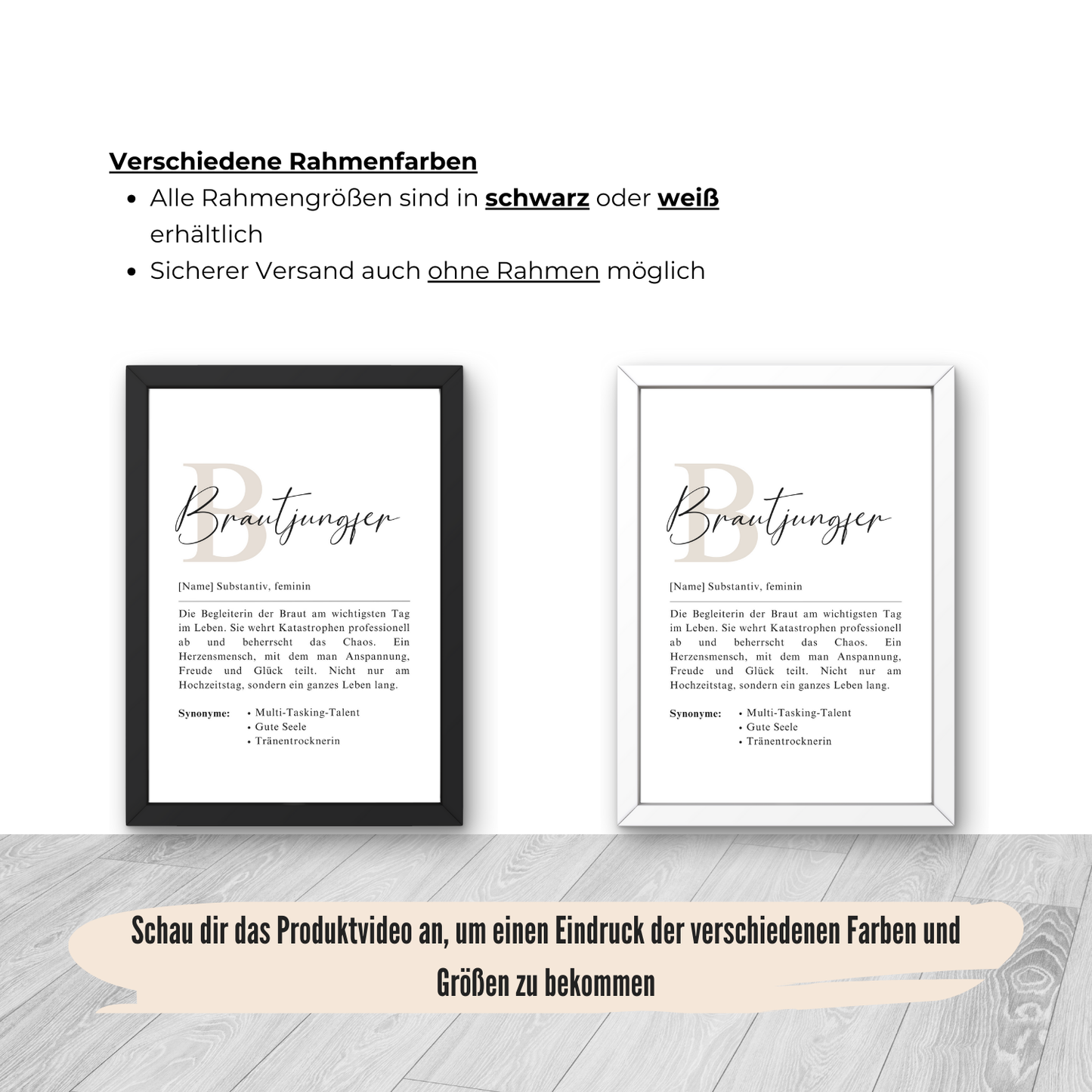 Hochzeitsdeko-Poster für Brautjungfer in verschiedenen Rahmenvarianten. Stilvolles Design in schwarz und weiß. Anpassbar für moderne Wohnräume und persönlichen Stil.