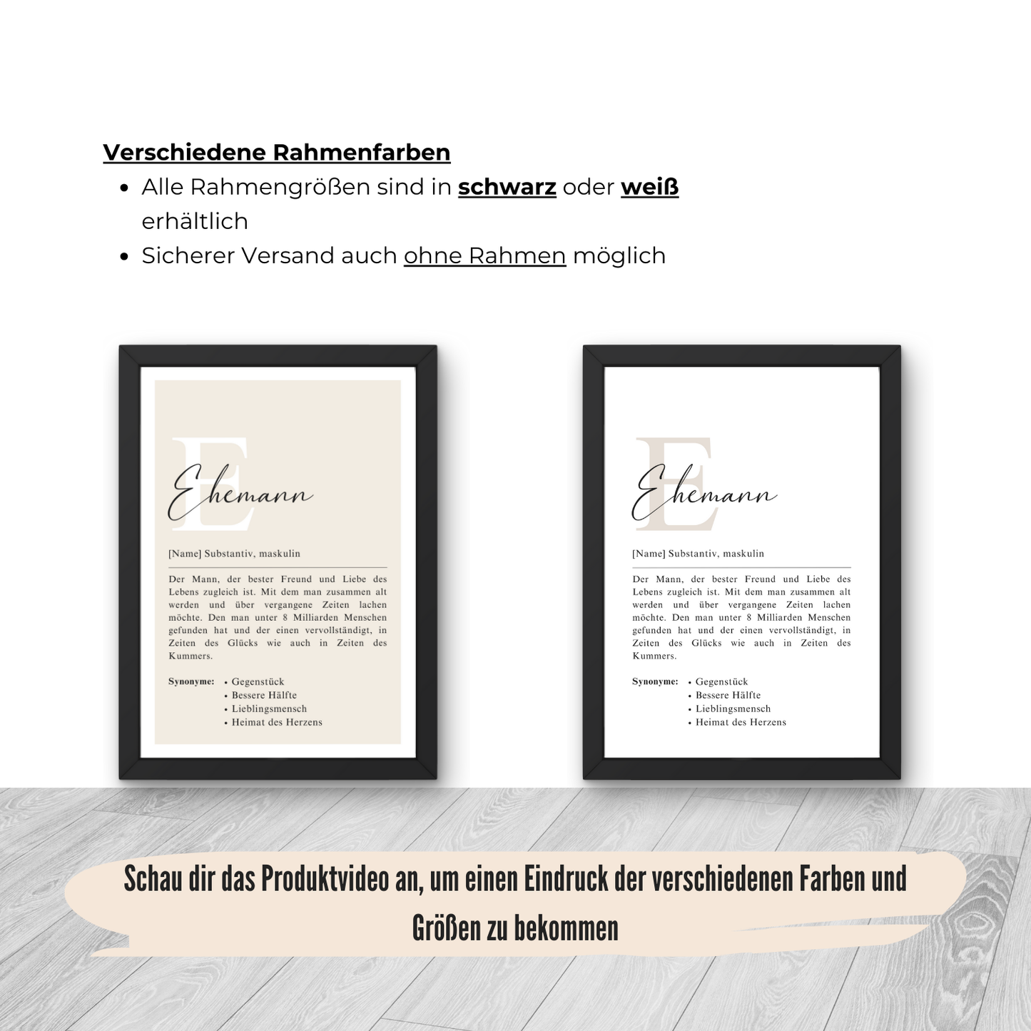 Typografie-Poster mit Definition für Ehemann. Schwarze und weiße Rahmenvarianten verfügbar. Versand ohne Rahmen. Zeitlose und stilvolle Dekoration für moderne Inneneinrichtung.
