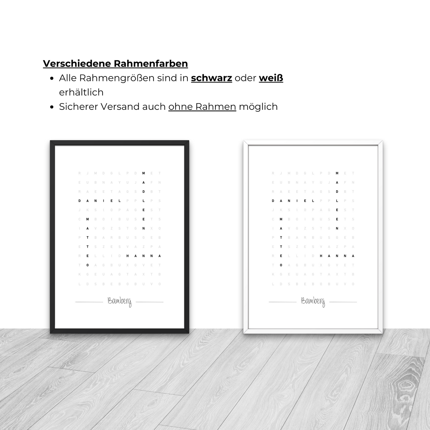 Wortsuche-Poster in schwarz und weiß erhältlich. Verschiedene Rahmenfarben für individuelle Dekorationsstile. Stabiler Versand auch ohne Rahmen möglich. Ideal für personalisierte Geschenke und Interieurgestaltung.