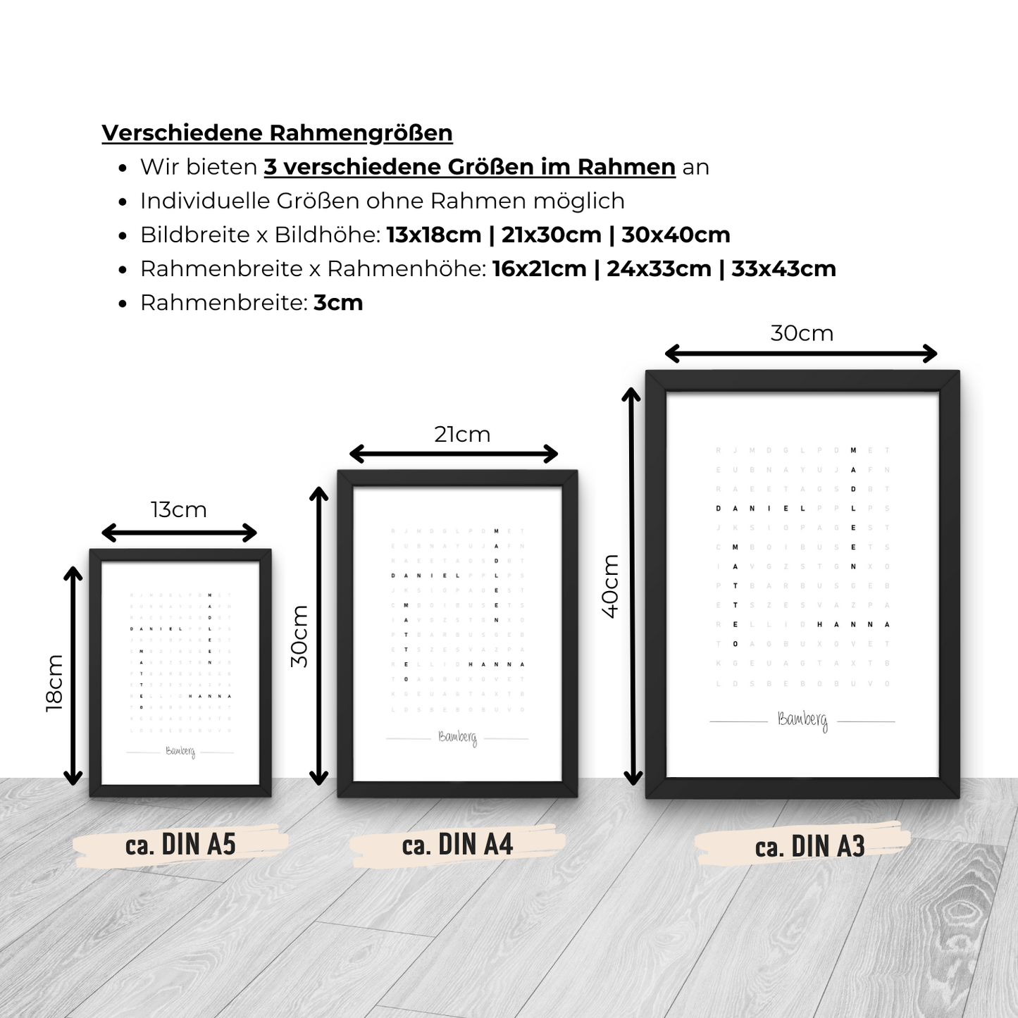 Übersicht über verschiedene Rahmengrößen für Wortsuche-Poster. Erhältlich in DIN A5, A4 und A3 Formaten. Individuelle Gestaltungsmöglichkeiten ohne Rahmen. Geeignet für moderne Raumdekorationen.
