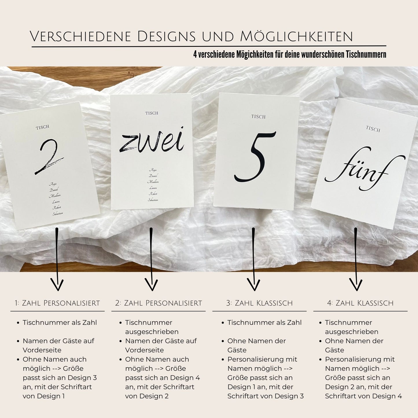Hochzeitsdekoration mit personalisierten Tischnummern