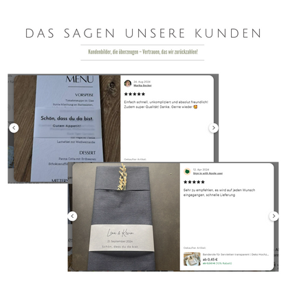 Bewertungsbilder von Kunden zur transparenten Banderole in verschiedenen Designs