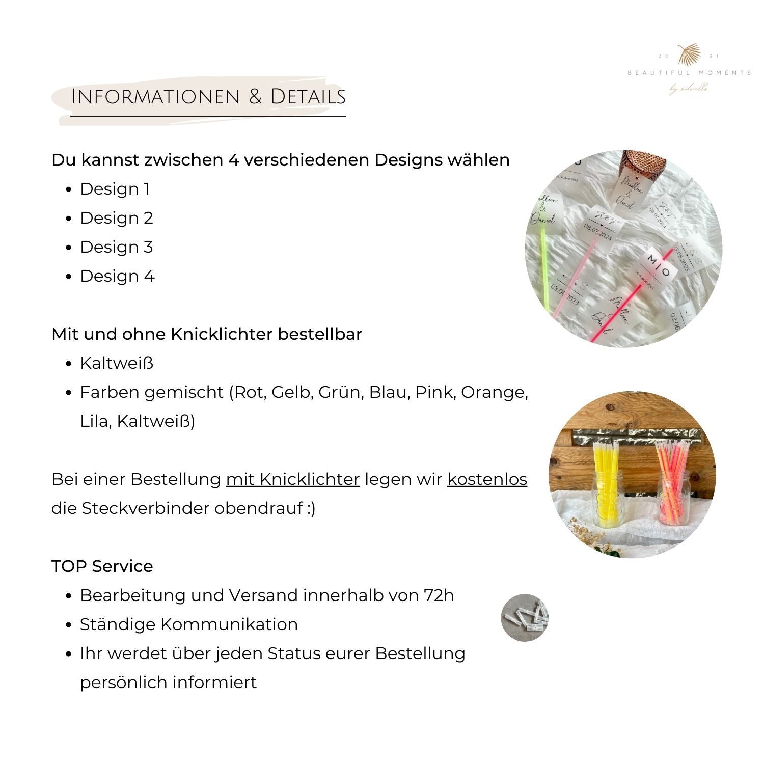 Informationen und Details zu den Designs, Knicklichtern und Service