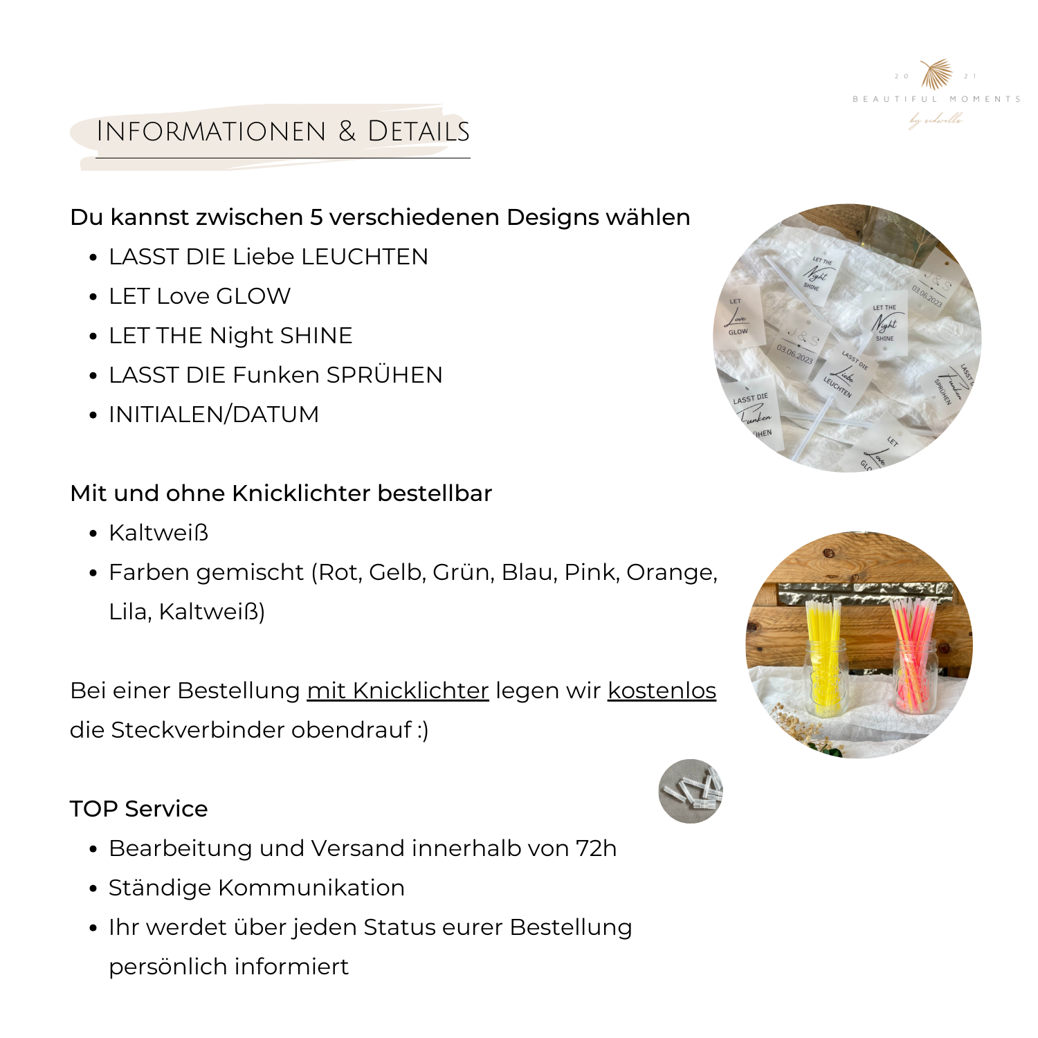 Informationen und Details zu den Designs und den Knicklichtern, inklusive Service Angabe