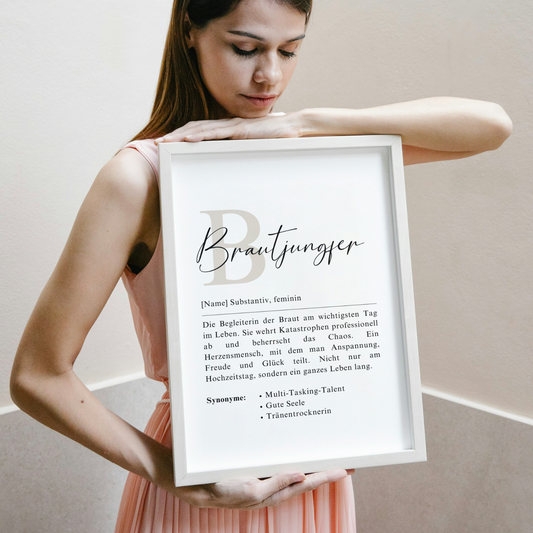 ersonalisiertes Brautjungfer-Poster im weißen Rahmen. Ideal für moderne Hochzeitsdeko. Geschenk für Brautparty und Brautjungfer. Ausdruck von weiblicher Freundschaft.