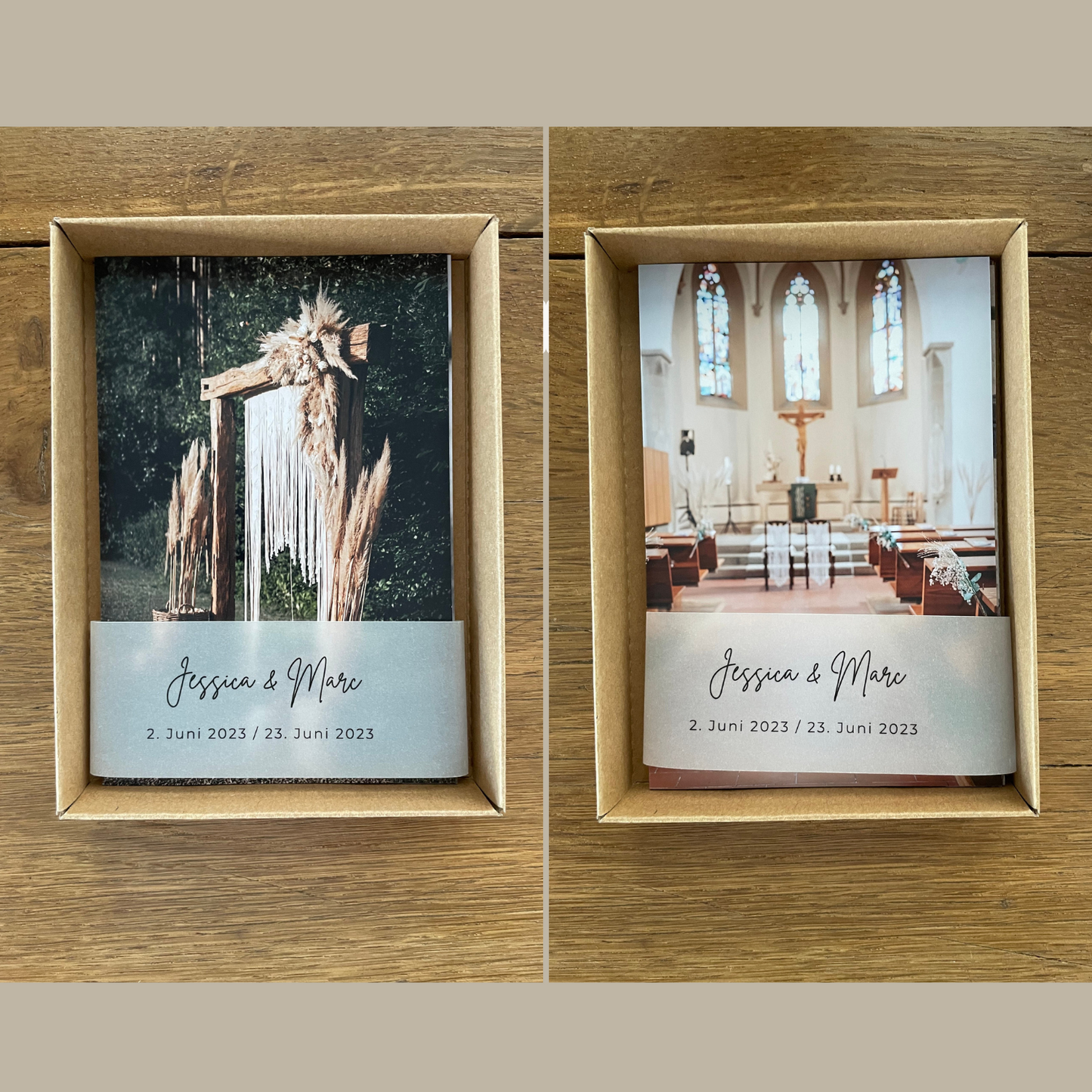 Set aus Hochzeitsfotos und Banderolen. Ideal als Dekoration für Einladungskarten und Dankeskarten bei Hochzeiten.