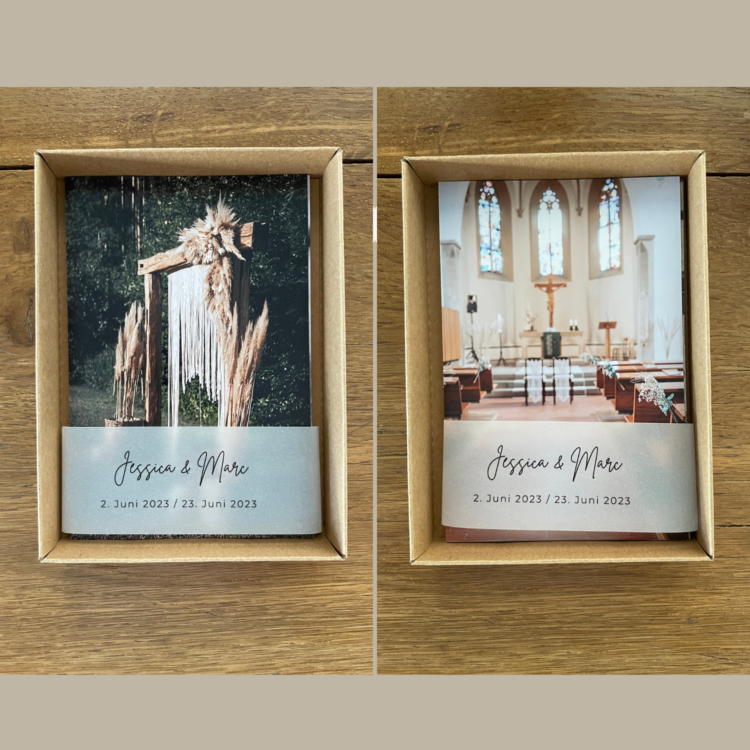 Set aus Hochzeitsfotos und Banderolen. Ideal als Dekoration für Einladungskarten und Dankeskarten bei Hochzeiten.