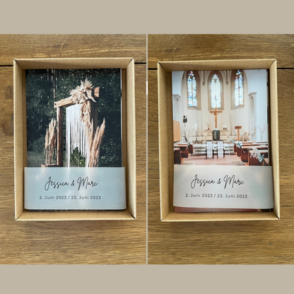 Set aus Hochzeitsfotos und Banderolen. Ideal als Dekoration für Einladungskarten und Dankeskarten bei Hochzeiten.