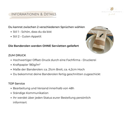 Informationen zu den verschiedenen Designs, zum Druck auf Pergamentpapier oder auch Kraftpapier, Maße und Service
