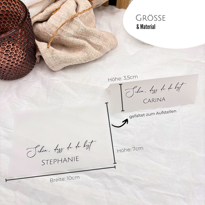Transparentpapier Tischkarten mit Größenangaben. Ideal für Hochzeiten. Namenskarten für stilvolle Tischordnung.
