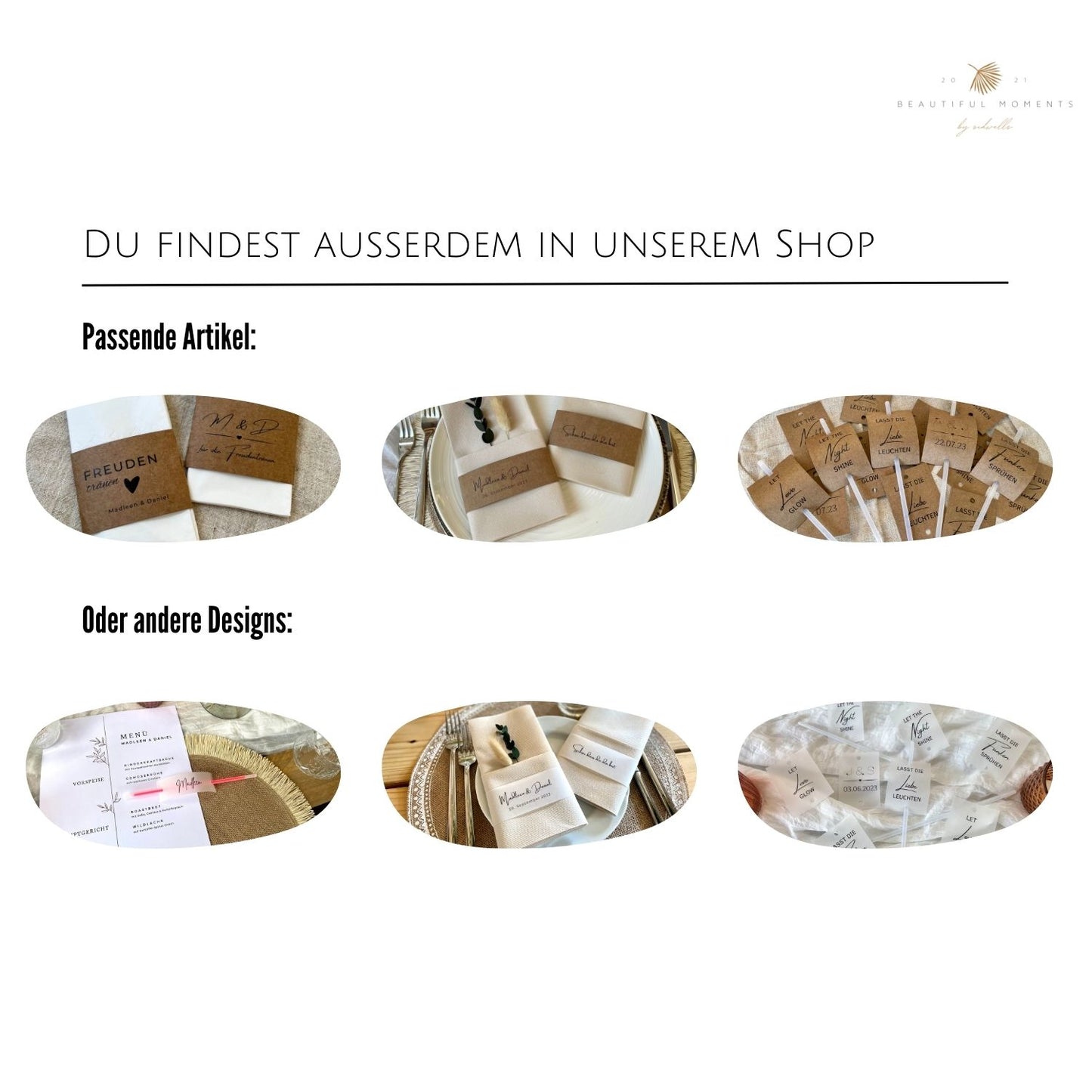 Artikel, die du in unserem Shop finden kannst, wie z.B. Banderolen, Schilder mit Knicklichter, Namenskarten, uvm. 
