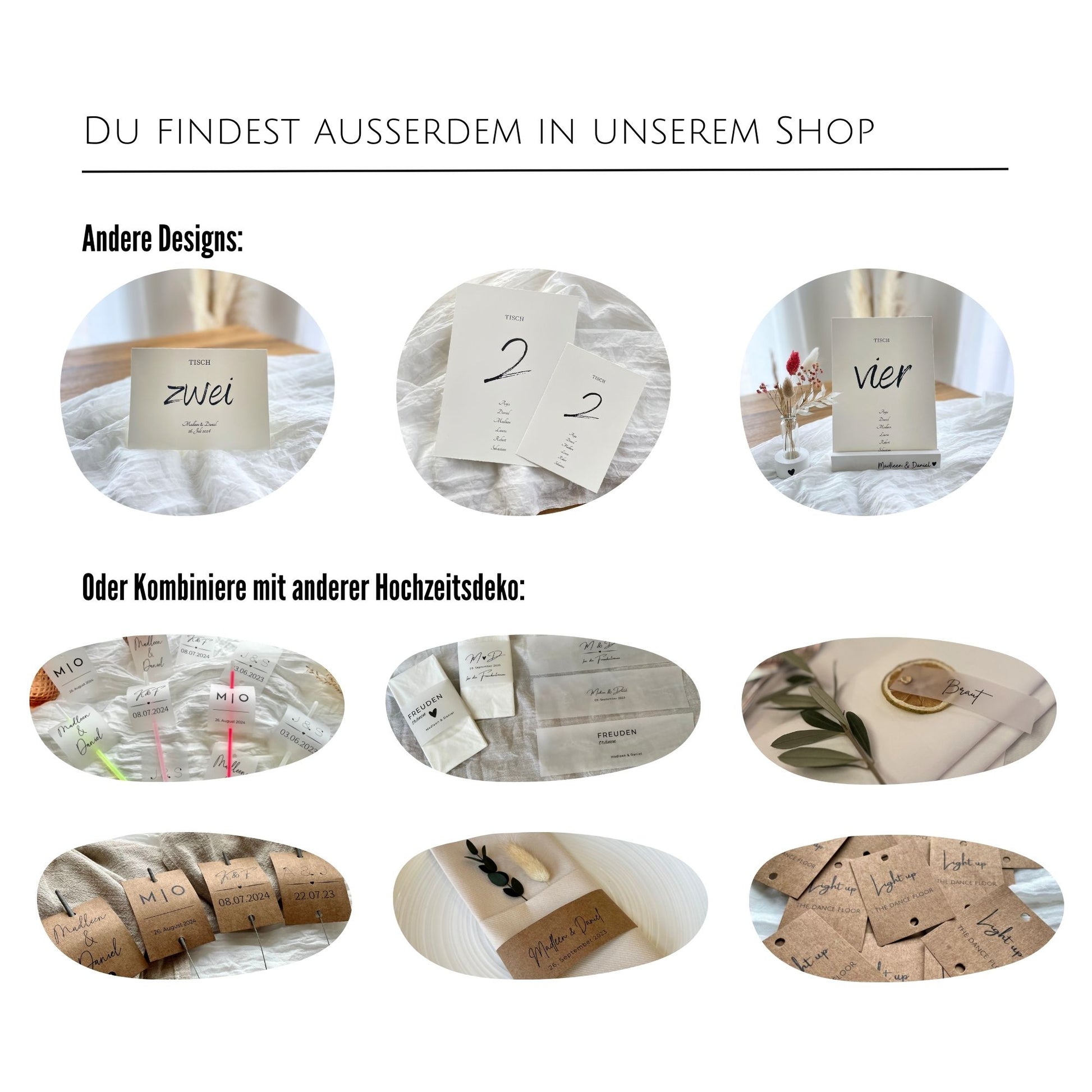 Artikel, die du in unserem Shop finden kannst, wie z.B. Banderolen, Schilder mit Knicklichter, Namenskarten, uvm. 
