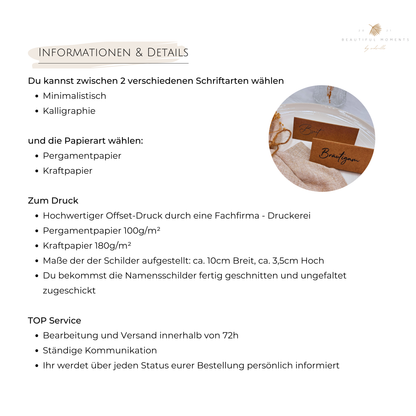 Informationen zu Namensschildern, Tischkarten-Druckdetails und Service für Hochzeit mit Papierauswahl.