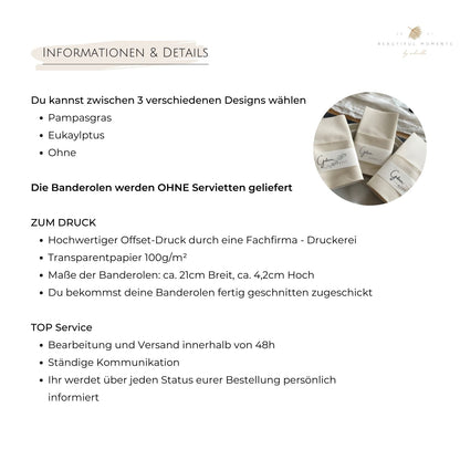 Informationen zu den verschiedenen Designs, zum Druck auf Pergamentpapier oder auch Kraftpapier, Maße und Service
