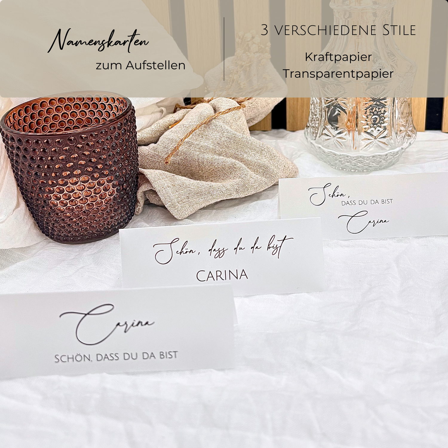Namensschilder aus Transparentpapier für Hochzeit. Moderne Tischkarten für perfekte Tischordnung und Gast willkommen.