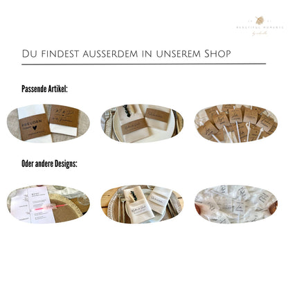 Artikel, die du in unserem Shop finden kannst, wie z.B. Banderolen, Schilder mit Knicklichter, Namenskarten, uvm. 
